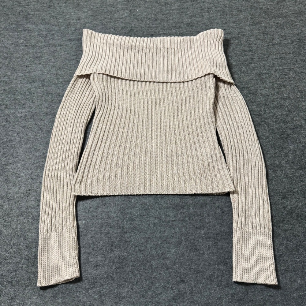 Motel Womens Beige Ribbed Off The Shoulder Long Sleeve Knit Top Thumbholes S